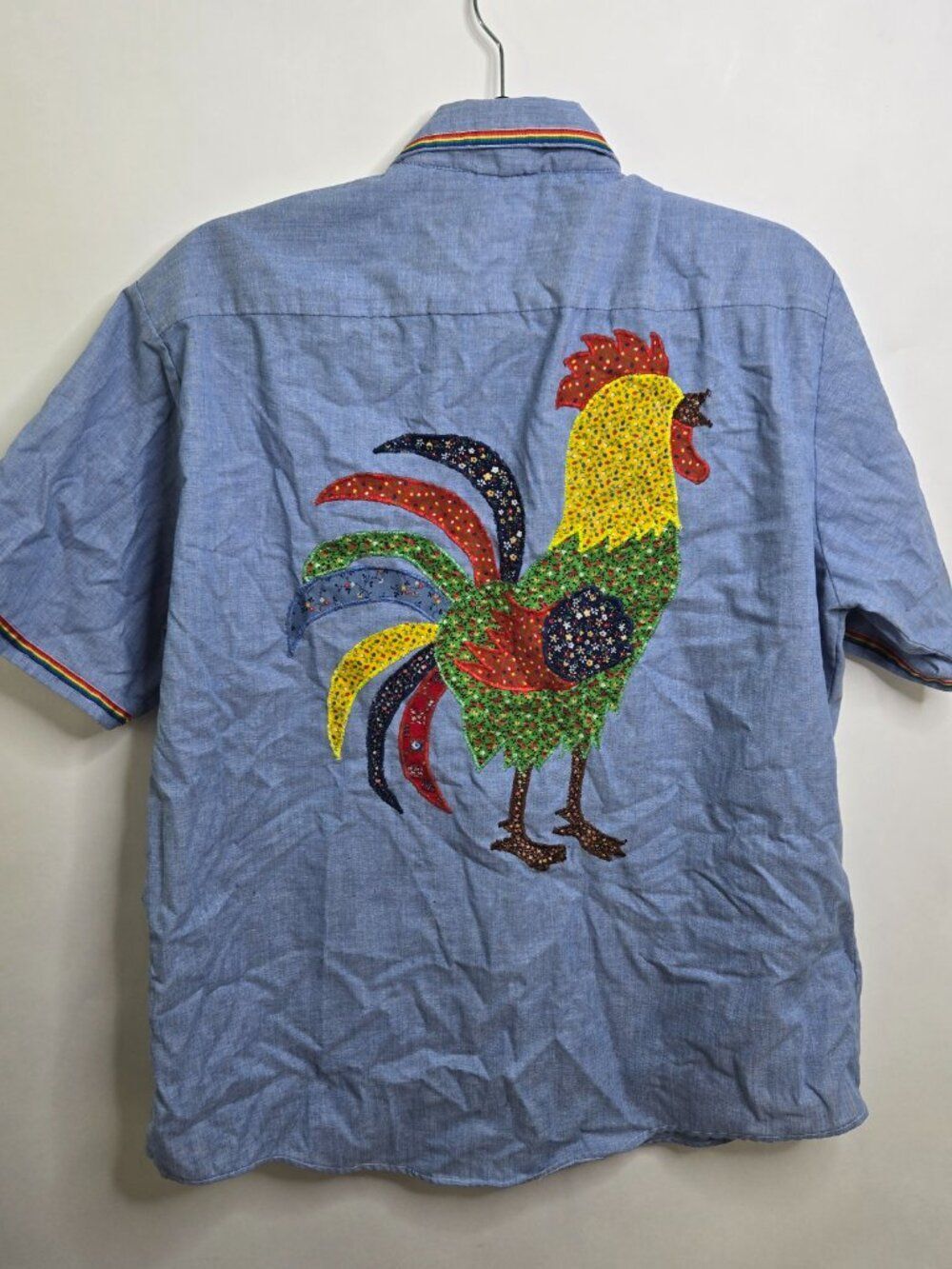 Vintage Chicken Shirt Sears Work Shirt L Rainbow Rooster Blue Embroidered Perma